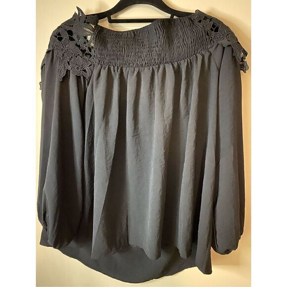 Size 2X, black/off shoulder blouse with lace detail & elastic smocking in back. - Picture 3 of 5